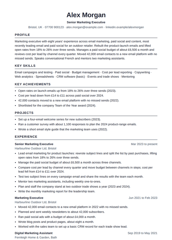 Simple design, tailored resume for the fictional Alex Morgan, page 1
