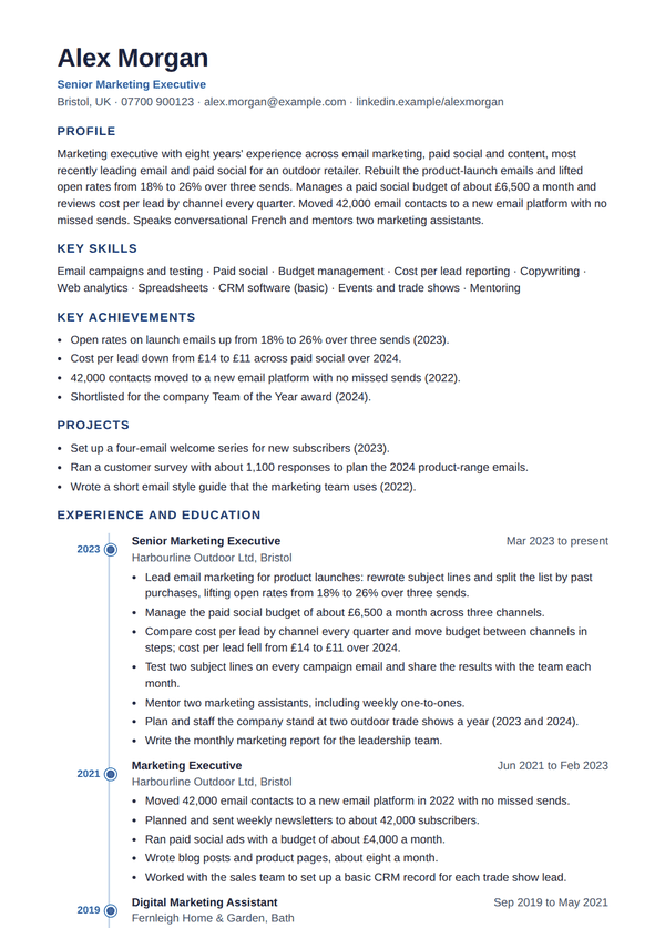 Timeline design, tailored resume for the fictional Alex Morgan, page 1