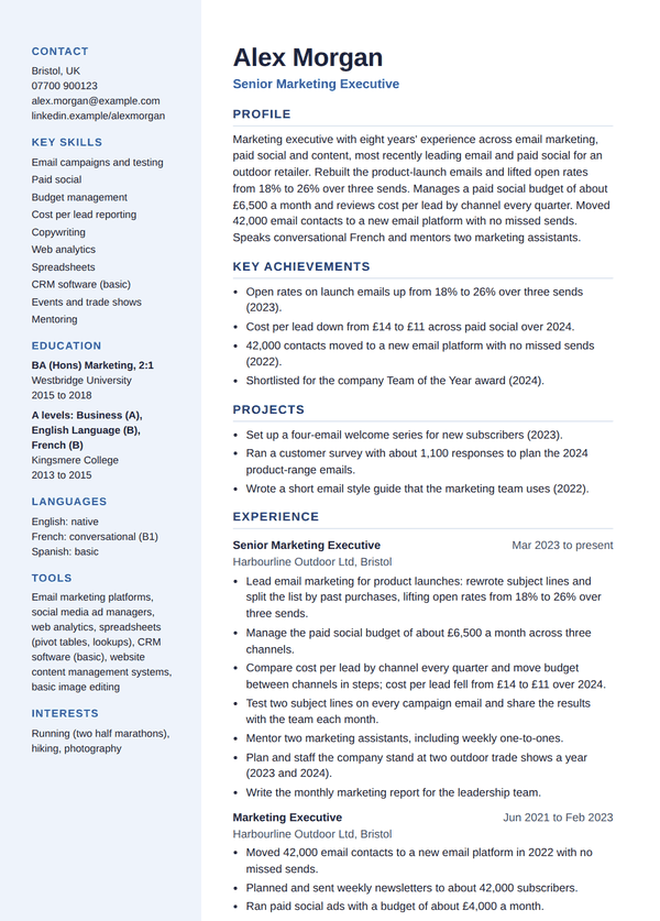 Two-column design, tailored resume for the fictional Alex Morgan, page 1